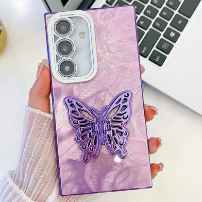 For Samsung Galaxy S25+ 5G Plating Glitter Texture Butterfly Holder TPU Phone Case with Lens Film(Purple Feathers) - Galaxy S25+ 5G Cases by PMC Jewellery | Online Shopping South Africa | PMC Jewellery | Buy Now Pay Later Mobicred