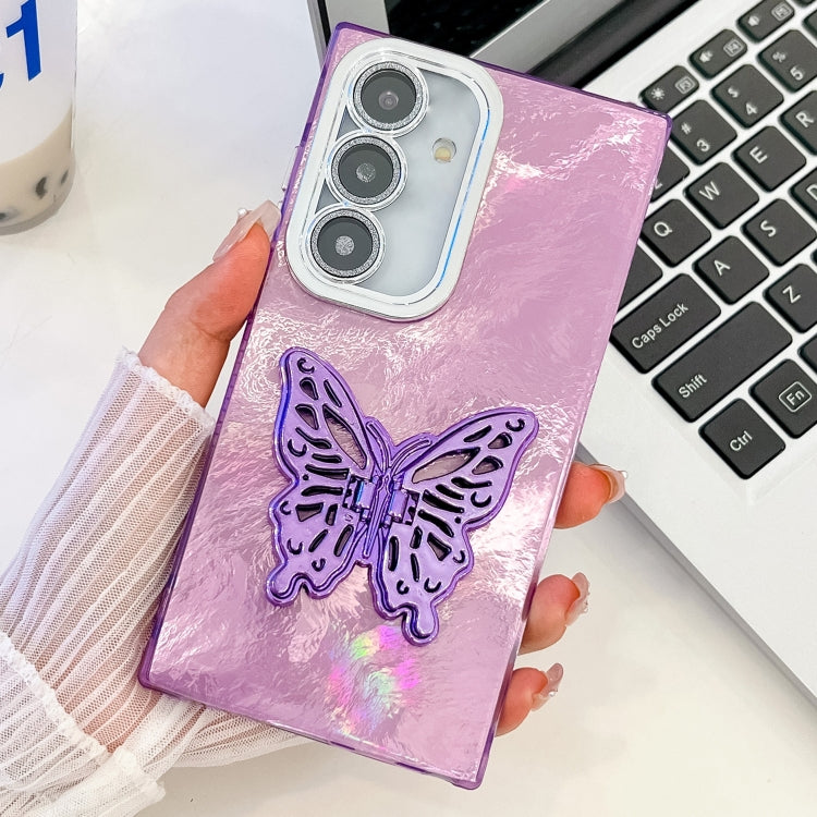 For Samsung Galaxy S25+ 5G Plating Glitter Texture Butterfly Holder TPU Phone Case with Lens Film(Purple Tinfoil Texture) - Galaxy S25+ 5G Cases by PMC Jewellery | Online Shopping South Africa | PMC Jewellery | Buy Now Pay Later Mobicred