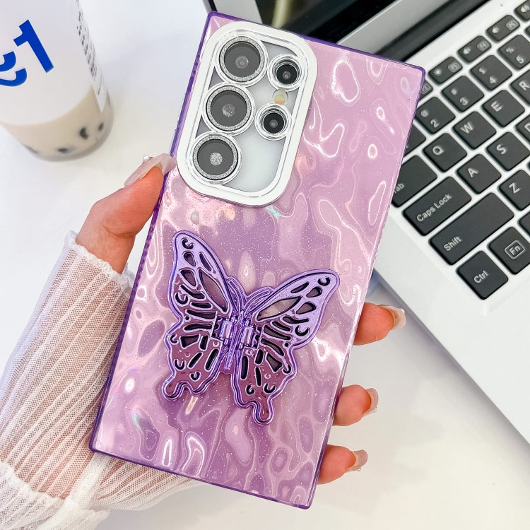 For Samsung Galaxy S25 Ultra 5G Plating Glitter Texture Butterfly Holder TPU Phone Case with Lens Film(Purple Wrinkles) - Galaxy S25 Ultra 5G Cases by PMC Jewellery | Online Shopping South Africa | PMC Jewellery | Buy Now Pay Later Mobicred