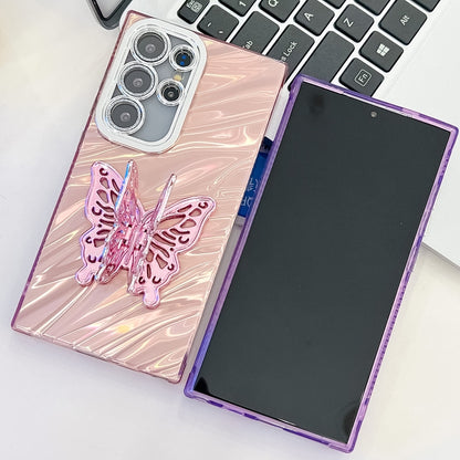 For Samsung Galaxy S25 Ultra 5G Plating Glitter Texture Butterfly Holder TPU Phone Case with Lens Film(Pink Feathers) - Galaxy S25 Ultra 5G Cases by PMC Jewellery | Online Shopping South Africa | PMC Jewellery | Buy Now Pay Later Mobicred