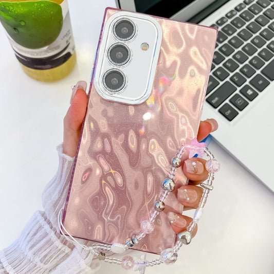 For Samsung Galaxy S25 5G Plating Glitter Texture Chain Wristband TPU Phone Case with Lens Film(Pink Wrinkles) - Galaxy S25 5G Cases by PMC Jewellery | Online Shopping South Africa | PMC Jewellery | Buy Now Pay Later Mobicred