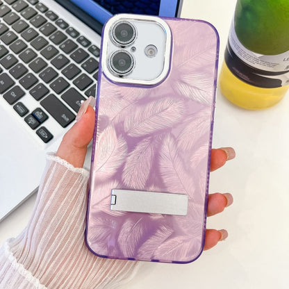 For iPhone 16 Plus Plating Glitter Texture Fold Holder TPU Phone Case with Lens Film(Purple Feathers) - iPhone 16 Plus Cases by PMC Jewellery | Online Shopping South Africa | PMC Jewellery | Buy Now Pay Later Mobicred