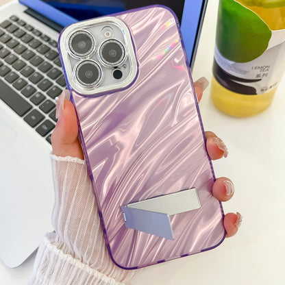 For iPhone 16 Plus Plating Glitter Texture Fold Holder TPU Phone Case with Lens Film(Purple Feathers) - iPhone 16 Plus Cases by PMC Jewellery | Online Shopping South Africa | PMC Jewellery | Buy Now Pay Later Mobicred