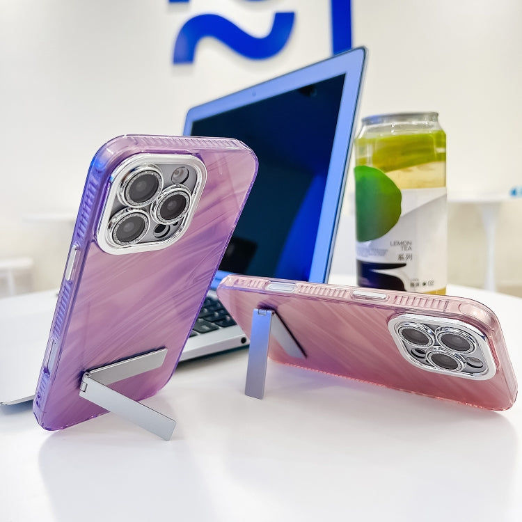 For iPhone 16 Pro Plating Glitter Texture Fold Holder TPU Phone Case with Lens Film(Purple Wrinkles) - iPhone 16 Pro Cases by PMC Jewellery | Online Shopping South Africa | PMC Jewellery | Buy Now Pay Later Mobicred