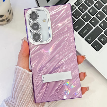 For Samsung Galaxy S25+ 5G Plating Glitter Texture Fold Holder TPU Phone Case with Lens Film(Purple Water Ripples) - Galaxy S25+ 5G Cases by PMC Jewellery | Online Shopping South Africa | PMC Jewellery | Buy Now Pay Later Mobicred