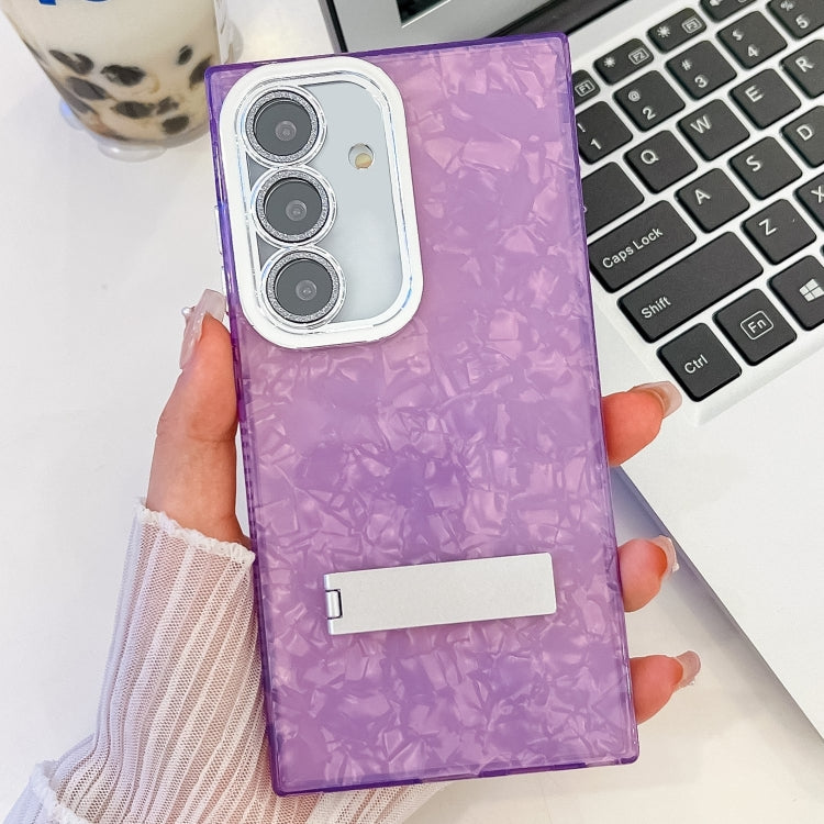 For Samsung Galaxy S25+ 5G Plating Glitter Texture Fold Holder TPU Phone Case with Lens Film(Purple Shell Pattern) - Galaxy S25+ 5G Cases by PMC Jewellery | Online Shopping South Africa | PMC Jewellery | Buy Now Pay Later Mobicred