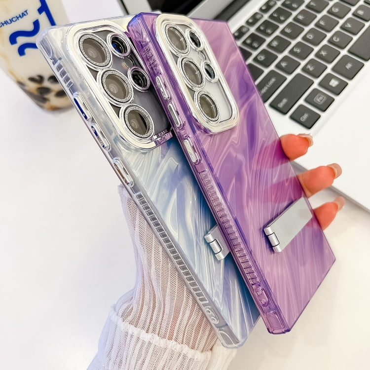 For Samsung Galaxy S25 5G Plating Glitter Texture Fold Holder TPU Phone Case with Lens Film(Purple Feathers) - Galaxy S25 5G Cases by PMC Jewellery | Online Shopping South Africa | PMC Jewellery | Buy Now Pay Later Mobicred