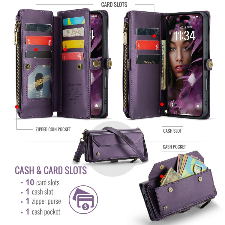 For iPhone 16 Pro Max CaseMe C36 Card Slots Zipper Wallet RFID Anti-theft Leather Phone Case(Purple) - iPhone 16 Pro Max Cases by CaseMe | Online Shopping South Africa | PMC Jewellery | Buy Now Pay Later Mobicred