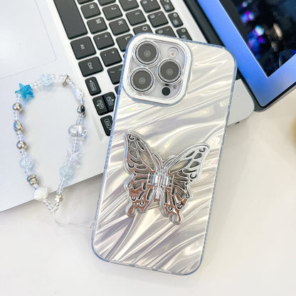 For iPhone 16 Pro Max Plating Glitter Lens Film Texture Butterfly Holder Wristband Phone Case(White Water Ripples) - iPhone 16 Pro Max Cases by PMC Jewellery | Online Shopping South Africa | PMC Jewellery | Buy Now Pay Later Mobicred