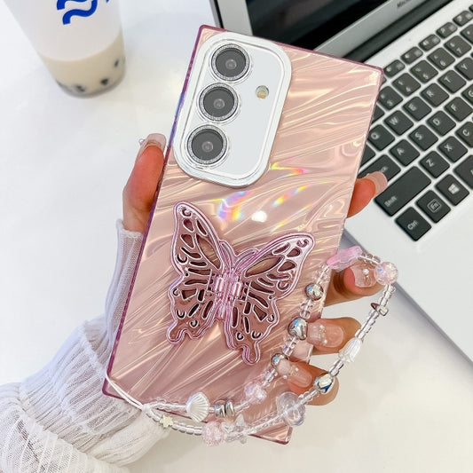 For Samsung Galaxy S25+ 5G Plating Glitter Lens Film Texture Butterfly Holder Wristband Phone Case(Pink Water Ripples) - Galaxy S25+ 5G Cases by PMC Jewellery | Online Shopping South Africa | PMC Jewellery | Buy Now Pay Later Mobicred