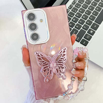 For Samsung Galaxy S25+ 5G Plating Glitter Lens Film Texture Butterfly Holder Wristband Phone Case(Pink Feather Yarn) - Galaxy S25+ 5G Cases by PMC Jewellery | Online Shopping South Africa | PMC Jewellery | Buy Now Pay Later Mobicred