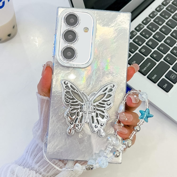 For Samsung Galaxy S25+ 5G Plating Glitter Lens Film Texture Butterfly Holder Wristband Phone Case(White Tinfoil Texture) - Galaxy S25+ 5G Cases by PMC Jewellery | Online Shopping South Africa | PMC Jewellery | Buy Now Pay Later Mobicred