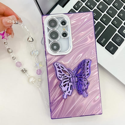 For Samsung Galaxy S25+ 5G Plating Glitter Lens Film Texture Butterfly Holder Wristband Phone Case(White Tinfoil Texture) - Galaxy S25+ 5G Cases by PMC Jewellery | Online Shopping South Africa | PMC Jewellery | Buy Now Pay Later Mobicred