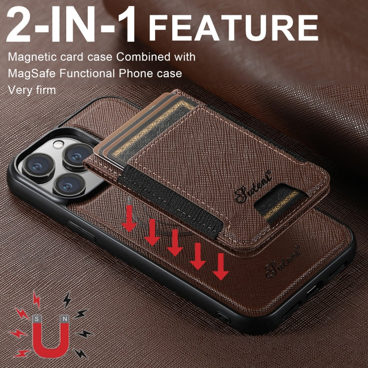 For iPhone 14 Pro Max Suteni H17 Cross Grain Leather MagSafe Detachable Wallet Phone Case(Brown) - iPhone 14 Pro Max Cases by Suteni | Online Shopping South Africa | PMC Jewellery | Buy Now Pay Later Mobicred