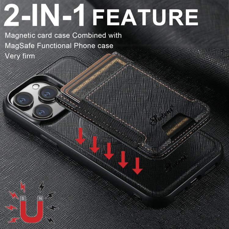 For iPhone 14 Suteni H17 Cross Grain Leather MagSafe Detachable Wallet Phone Case(Black) - iPhone 14 Cases by Suteni | Online Shopping South Africa | PMC Jewellery | Buy Now Pay Later Mobicred