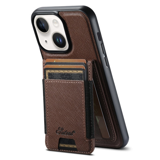 For iPhone 14 Suteni H17 Cross Grain Leather MagSafe Detachable Wallet Phone Case(Brown) - iPhone 14 Cases by Suteni | Online Shopping South Africa | PMC Jewellery | Buy Now Pay Later Mobicred