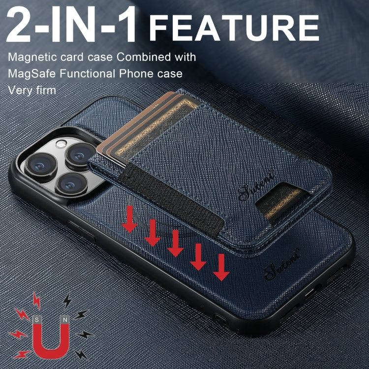 For iPhone 13 Pro Suteni H17 Cross Grain Leather MagSafe Detachable Wallet Phone Case(Blue) - iPhone 13 Pro Cases by Suteni | Online Shopping South Africa | PMC Jewellery | Buy Now Pay Later Mobicred