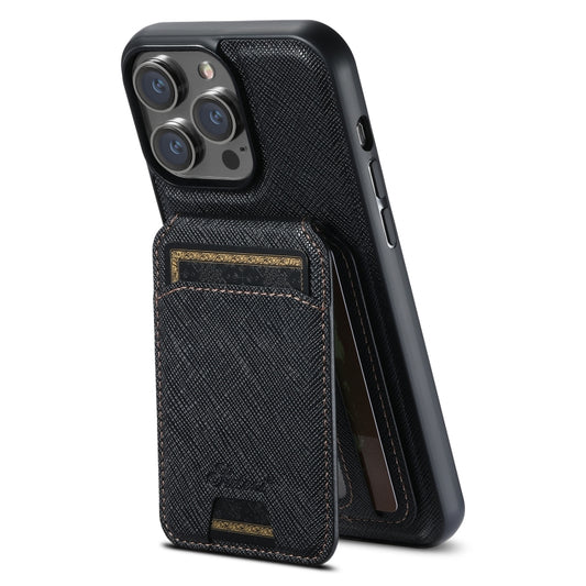 For iPhone 16 Pro Max Suteni H18 Cross Grain MagSafe Wallet Leather Phone Case(Black) - iPhone 16 Pro Max Cases by Suteni | Online Shopping South Africa | PMC Jewellery | Buy Now Pay Later Mobicred