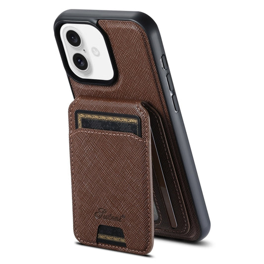 For iPhone 16 Plus Suteni H18 Cross Grain MagSafe Wallet Leather Phone Case(Brown) - iPhone 16 Plus Cases by Suteni | Online Shopping South Africa | PMC Jewellery | Buy Now Pay Later Mobicred