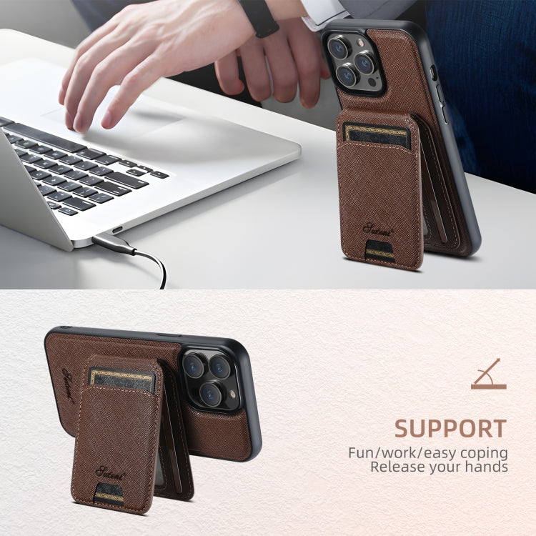 For iPhone 16 Suteni H18 Cross Grain MagSafe Wallet Leather Phone Case(Brown) - iPhone 16 Cases by Suteni | Online Shopping South Africa | PMC Jewellery | Buy Now Pay Later Mobicred