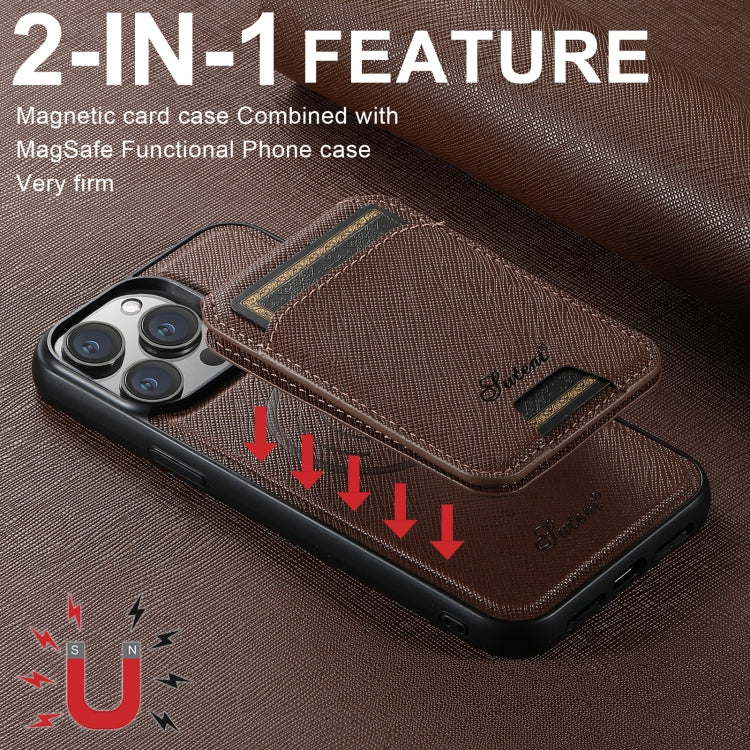 For iPhone 15 Pro Max Suteni H18 Cross Grain MagSafe Wallet Leather Phone Case(Brown) - iPhone 15 Pro Max Cases by Suteni | Online Shopping South Africa | PMC Jewellery | Buy Now Pay Later Mobicred