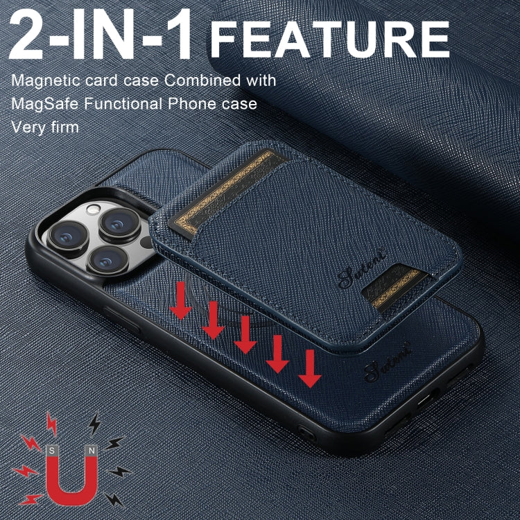 For iPhone 15 Plus Suteni H18 Cross Grain MagSafe Wallet Leather Phone Case(Blue) - iPhone 15 Plus Cases by Suteni | Online Shopping South Africa | PMC Jewellery | Buy Now Pay Later Mobicred