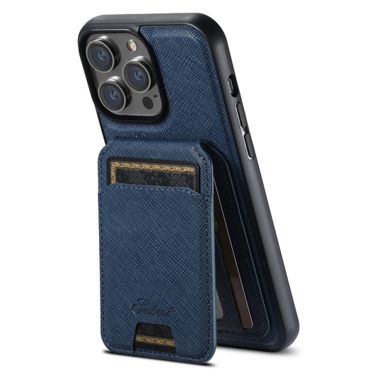 For iPhone 15 Pro Suteni H18 Cross Grain MagSafe Wallet Leather Phone Case(Blue) - iPhone 15 Pro Cases by Suteni | Online Shopping South Africa | PMC Jewellery | Buy Now Pay Later Mobicred