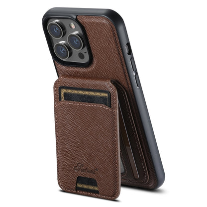 For iPhone 14 Pro Max Suteni H18 Cross Grain MagSafe Wallet Leather Phone Case(Brown) - iPhone 14 Pro Max Cases by Suteni | Online Shopping South Africa | PMC Jewellery | Buy Now Pay Later Mobicred