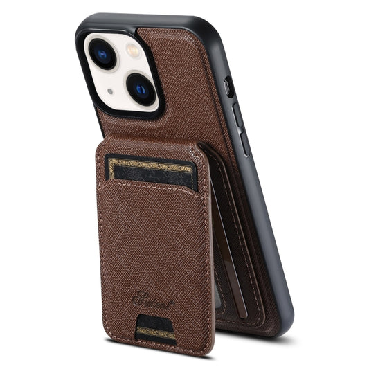 For iPhone 14 Suteni H18 Cross Grain MagSafe Wallet Leather Phone Case(Brown) - iPhone 14 Cases by Suteni | Online Shopping South Africa | PMC Jewellery | Buy Now Pay Later Mobicred