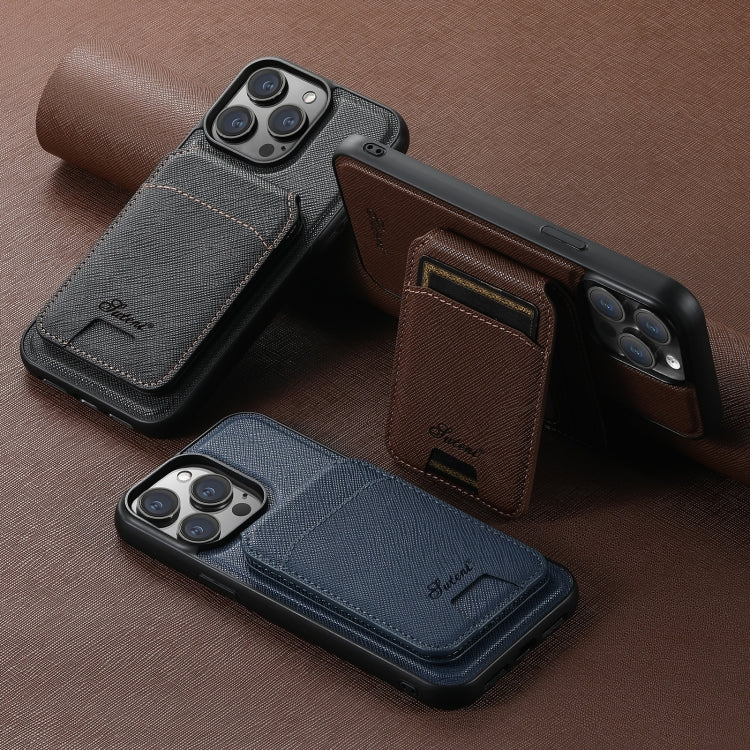 For iPhone 12 Pro Max Suteni H18 Cross Grain MagSafe Wallet Leather Phone Case(Brown) - iPhone 12 Pro Max Cases by Suteni | Online Shopping South Africa | PMC Jewellery | Buy Now Pay Later Mobicred