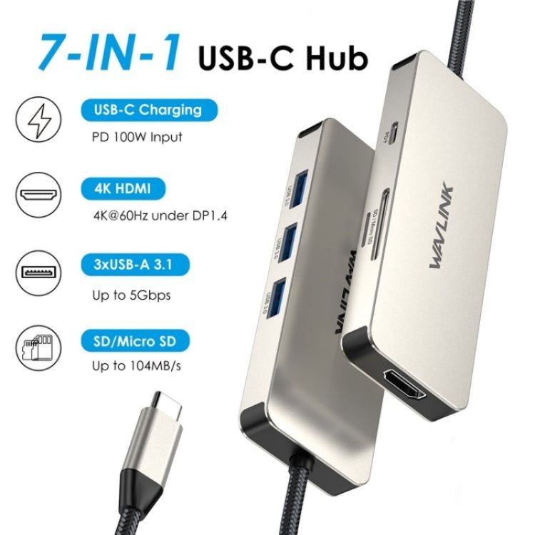 WAVLINK UHP3416 7-in-1 PD100W Charging SD / TF Card Reader 4K HD Type-C Docking Station(Silver) - USB HUB by WAVLINK | Online Shopping South Africa | PMC Jewellery | Buy Now Pay Later Mobicred