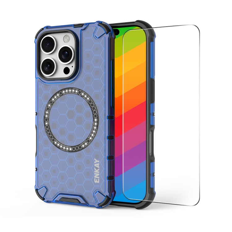 For iPhone 16 Pro Max ENKAY Hat-Prince Honeycomb MagSafe Shockproof Phone Case with Large Arc Edge Film(Blue) - iPhone 16 Pro Max Cases by ENKAY | Online Shopping South Africa | PMC Jewellery | Buy Now Pay Later Mobicred