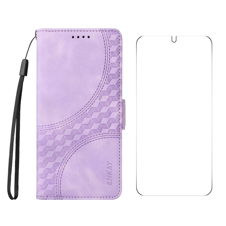 For Samsung Galaxy S25 5G / S24 5G ENKAY Embossed Rhombus Starry Leather Phone Case with Screen Film(Purple) - Galaxy S24 5G Cases by ENKAY | Online Shopping South Africa | PMC Jewellery | Buy Now Pay Later Mobicred