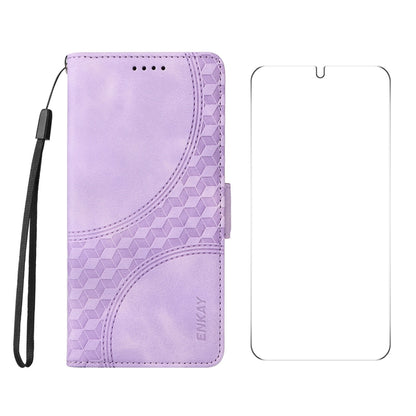 For Samsung Galaxy S25 5G / S24 5G ENKAY Embossed Rhombus Starry Leather Phone Case with Screen Film(Purple) - Galaxy S24 5G Cases by ENKAY | Online Shopping South Africa | PMC Jewellery | Buy Now Pay Later Mobicred