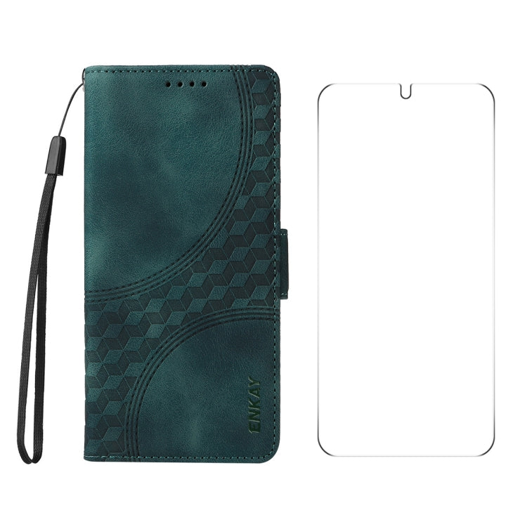 For Samsung Galaxy S25+ / S24+ 5G ENKAY Embossed Rhombus Starry Leather Phone Case with Screen Film(Green) - Galaxy S24+ 5G Cases by ENKAY | Online Shopping South Africa | PMC Jewellery | Buy Now Pay Later Mobicred