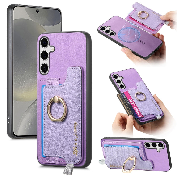 For Samsung Galaxy S25+ 5G Retro Cross Leather Ring Horizontal Insert Card Bag MagSafe Phone Case(Purple) - Galaxy S25+ 5G Cases by PMC Jewellery | Online Shopping South Africa | PMC Jewellery | Buy Now Pay Later Mobicred