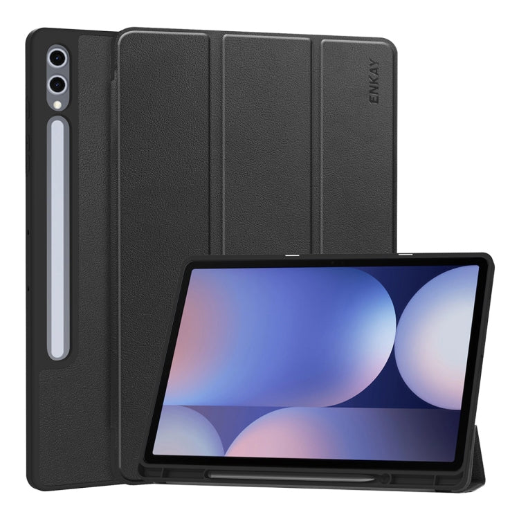 For Samsung Galaxy Tab S10+ / S9+ / S9 FE+ ENKAY Tri-fold Custer Texture TPU Leather Smart Tablet Case with Pen Slot(Black) - Galaxy Tab S9+ Cases by ENKAY | Online Shopping South Africa | PMC Jewellery | Buy Now Pay Later Mobicred