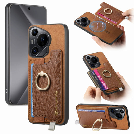 For Huawei Pura 70 Pro+ Retro Magsafe Cross Leather Ring Holder Card Bag Phone Case(Brown) - Huawei Cases by PMC Jewellery | Online Shopping South Africa | PMC Jewellery | Buy Now Pay Later Mobicred