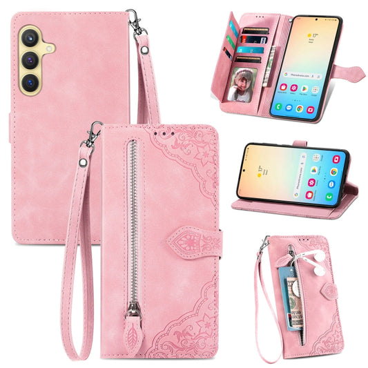 For Samsung Galaxy S25 5G Embossed Flower Zipper Leather Phone Case(Pink) - Galaxy S25 5G Cases by PMC Jewellery | Online Shopping South Africa | PMC Jewellery | Buy Now Pay Later Mobicred