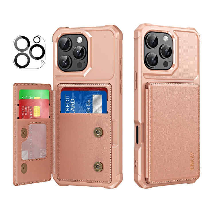 For iPhone 16 Pro Max ENKAY Hat-Prince Card Slot Wallet TPU Back Leather Phone Case with Lens Film(Rose Gold) - iPhone 16 Pro Max Cases by ENKAY | Online Shopping South Africa | PMC Jewellery | Buy Now Pay Later Mobicred