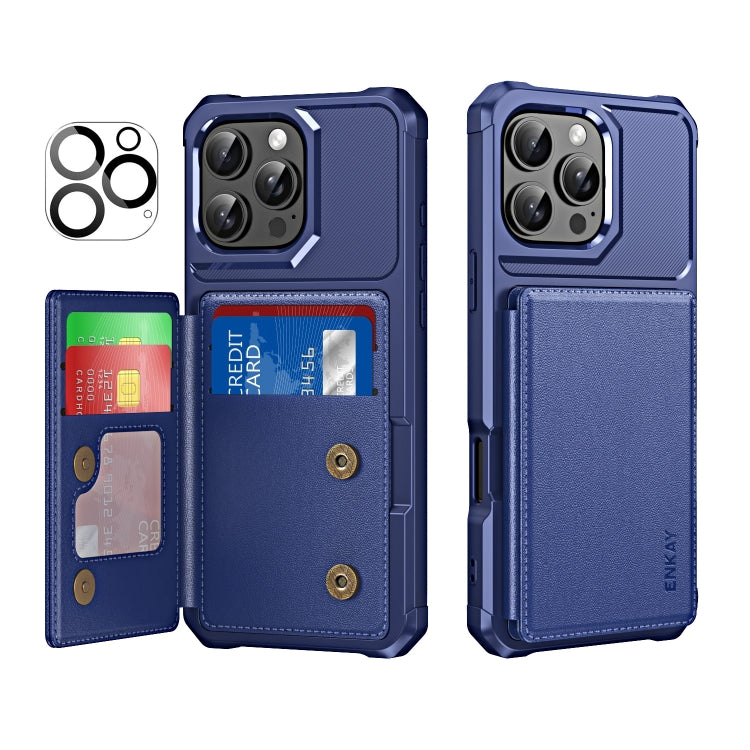 For iPhone 16 Pro Max ENKAY Hat-Prince Card Slot Wallet TPU Back Leather Phone Case with Lens Film(Dark Blue) - iPhone 16 Pro Max Cases by ENKAY | Online Shopping South Africa | PMC Jewellery | Buy Now Pay Later Mobicred