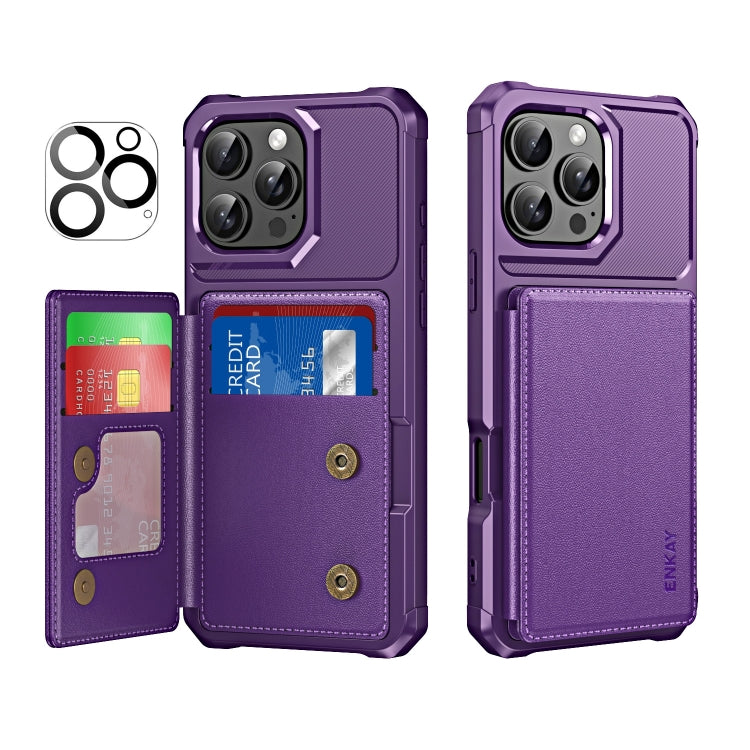 For iPhone 16 Pro Max ENKAY Hat-Prince Card Slot Wallet TPU Back Leather Phone Case with Lens Film(Purple) - iPhone 16 Pro Max Cases by ENKAY | Online Shopping South Africa | PMC Jewellery | Buy Now Pay Later Mobicred