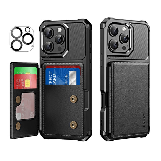 For iPhone 16 Pro ENKAY Hat-Prince Card Slot Wallet TPU Back Leather Phone Case with Lens Film(Black) - iPhone 16 Pro Max Cases by ENKAY | Online Shopping South Africa | PMC Jewellery | Buy Now Pay Later Mobicred