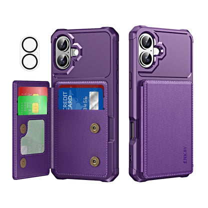 For iPhone 16 ENKAY Hat-Prince Card Slot Wallet TPU Back Leather Phone Case with Lens Film(Purple) - iPhone 16 Cases by ENKAY | Online Shopping South Africa | PMC Jewellery | Buy Now Pay Later Mobicred