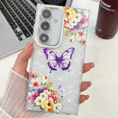 For Samsung Galaxy S25 5G Plating Texture Butterfly TPU Phone Case with Glitter Lens Film(Flowers Butterflies HU1) - Galaxy S25 5G Cases by PMC Jewellery | Online Shopping South Africa | PMC Jewellery | Buy Now Pay Later Mobicred