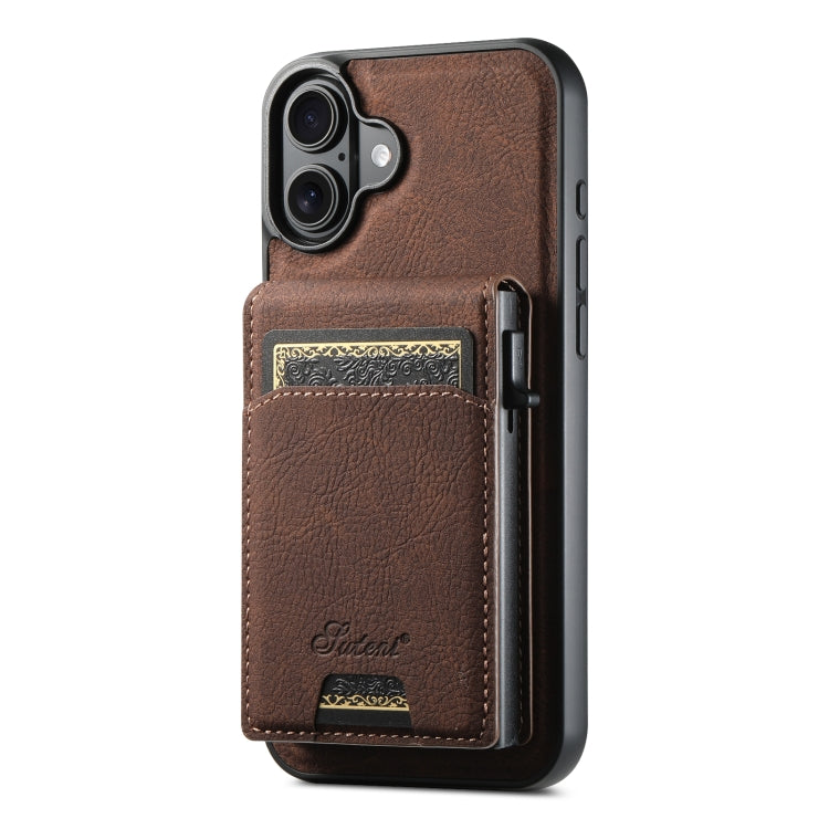 For iPhone 16 Suteni H19 Litchi Grain 2-in-1 MagSafe Removable Card Box Back Phone Case(Brown) - iPhone 16 Cases by Suteni | Online Shopping South Africa | PMC Jewellery | Buy Now Pay Later Mobicred