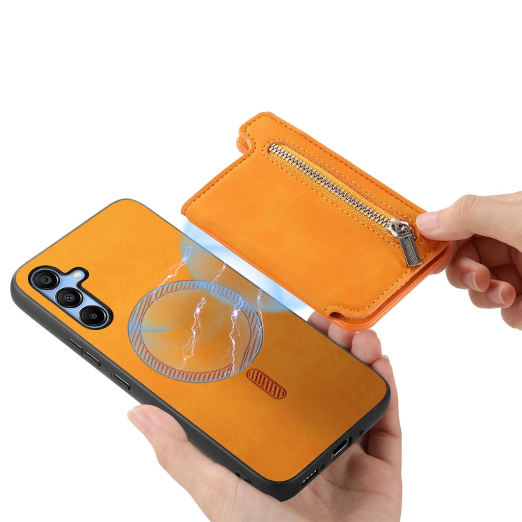 For Samsung Galaxy S25 5G Retro MagSafe Zipper Wallet Card Bag Back Phone Case(Yellow) - Galaxy S25 5G Cases by PMC Jewellery | Online Shopping South Africa | PMC Jewellery | Buy Now Pay Later Mobicred