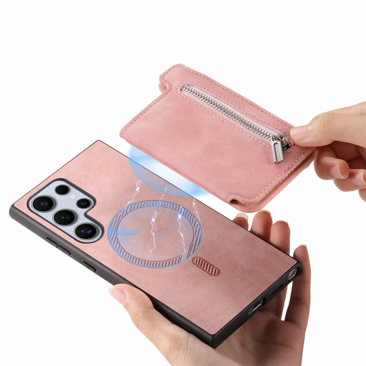 For Samsung Galaxy S25 Ultra 5G Retro MagSafe Zipper Wallet Card Bag Back Phone Case(Pink) - Galaxy S25 Ultra 5G Cases by PMC Jewellery | Online Shopping South Africa | PMC Jewellery | Buy Now Pay Later Mobicred