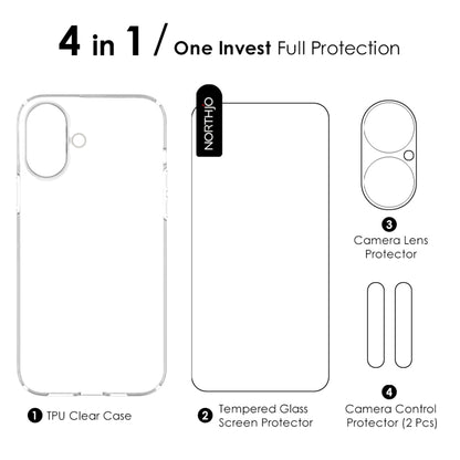 For iPhone 16 NORTHJO 4 in 1 TPU Phone Case with Screen Film and Lens Film and Camera Control Button Cover(Clear) - iPhone 16 Cases by NORTHJO | Online Shopping South Africa | PMC Jewellery | Buy Now Pay Later Mobicred