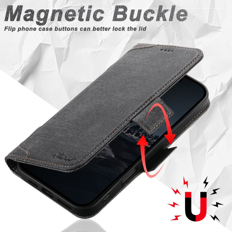 For iPhone 16 Pro Max Suteni J07 Multi-functional Horizontal MagSafe Denim Leather Phone Case(Black) - iPhone 16 Pro Max Cases by Suteni | Online Shopping South Africa | PMC Jewellery | Buy Now Pay Later Mobicred